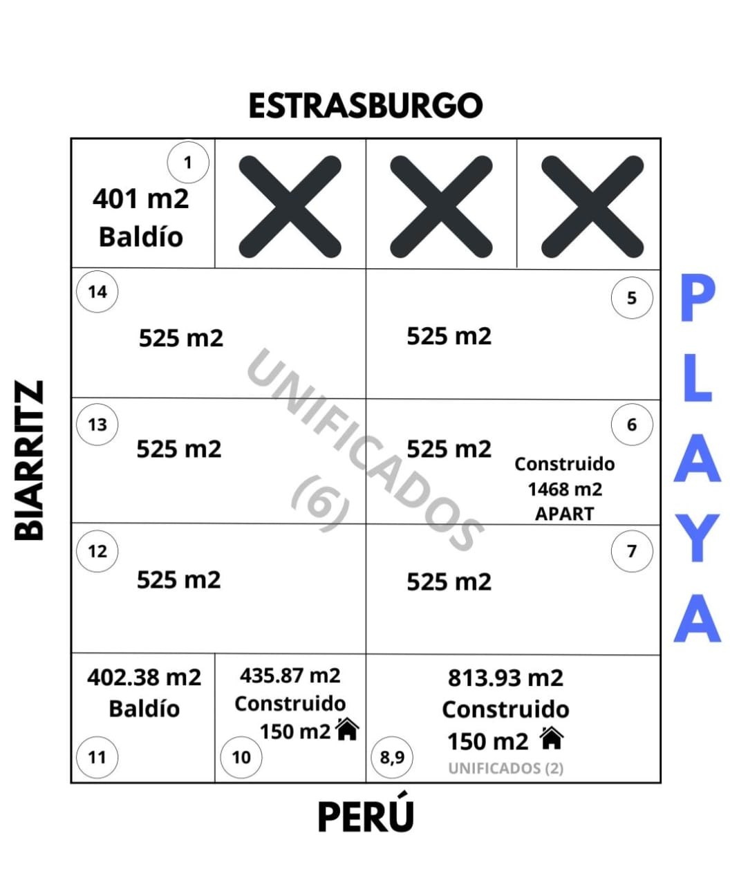 Plano de la manzana 448 con los seis lotes unificados que integran la venta